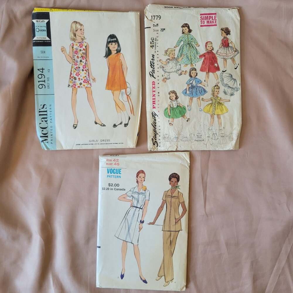 Vintage 60’s & 70’s Sewing Patterns Lot of 3. Girls Dresses, Doll Clothes, Women